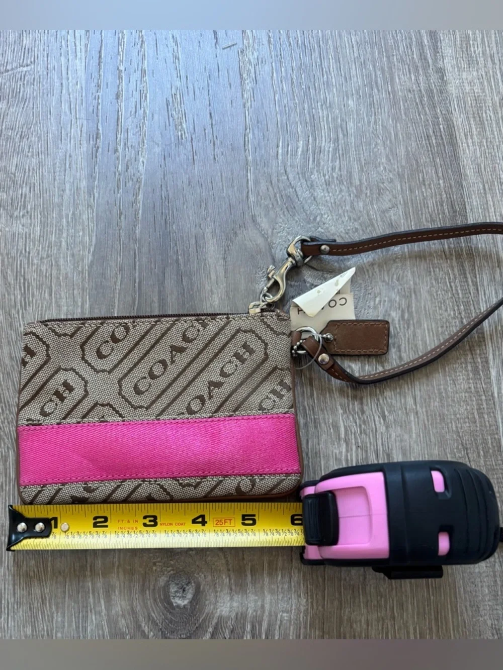 Coach Signature Wristlet in Brown and Hot Pink